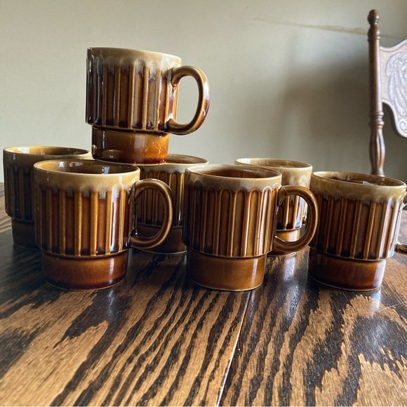 Vintage MCM Japan Brown Drip Glaze Stackable Ceramic Coffee Mugs Set of 7 - Picture 3 of 10